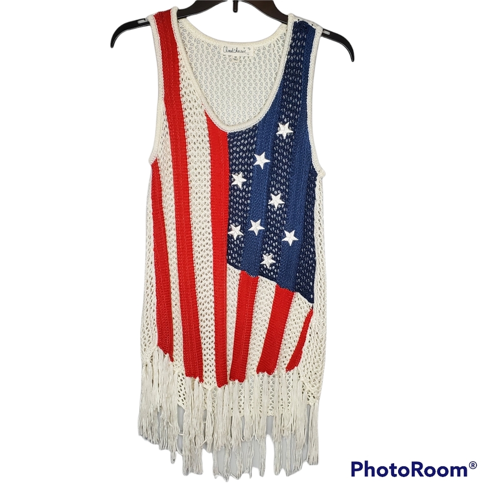 Cloud chaser crochet american flag tank top‎ tunic fringe hem red white blue